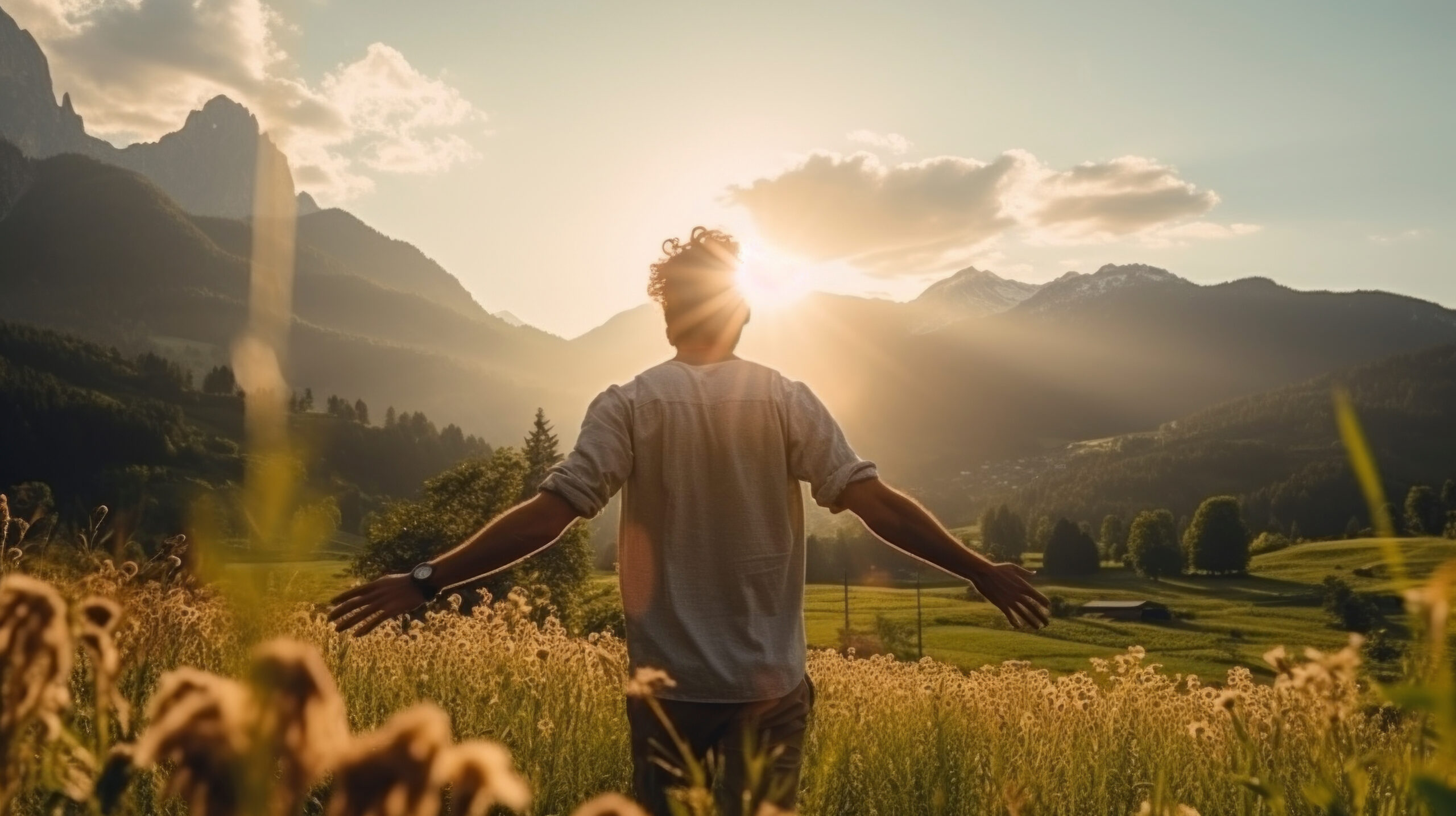 rear view carefree freedom successful male standing confident looking at the end of skyline in the grass field meadow landscape summertime sunset moment nature background,ai generate
